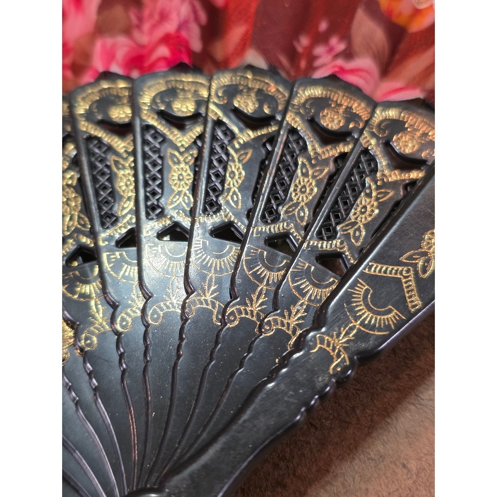 Vintage Style Floral Folding Hand Fan Black Gold Glitter Lace Tassel 9 Inch - Picture 6 of 8